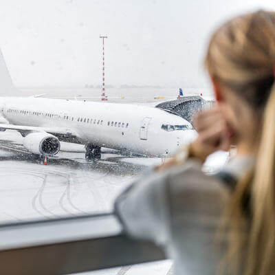 Image of girl looking out of window at a rainy runway