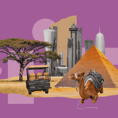 Collage graphic about travel trends in the Middle East and Africa