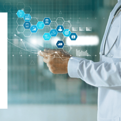 Graphic of a doctor holding an iPad with AI/Technology features