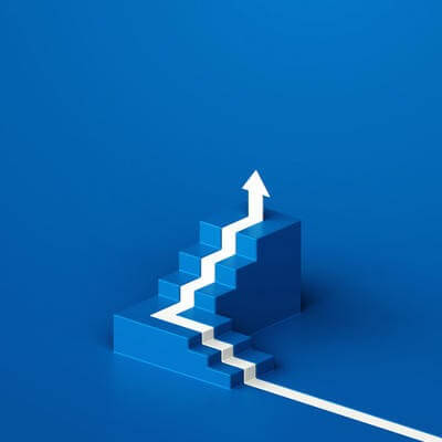 Abstract image of business growth White arrow up with blue stair on blue floor background, 3D arrow climbing up over a staircase - 3d stairs with arrow going upward, 3d rendering 