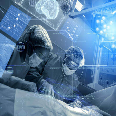 Image of operating room surgeons using advanced robotic surgery