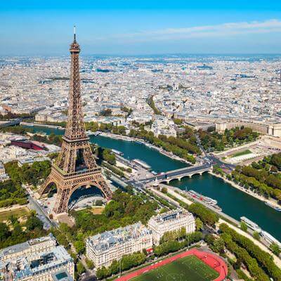 Aerial view of Paris with Eiffel Tower in foreground