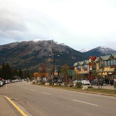 Main street of Jasper, Alberta, with mountain in the background