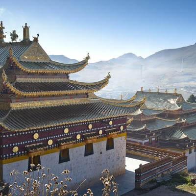Lama temple in Beijing, China on a misty morning 
