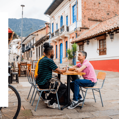 Graphic of people abroad sat at a table 