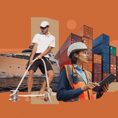 Collage graphic of cargo ship and yacht crew