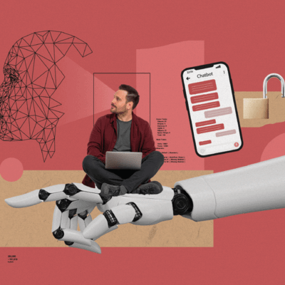 Collage graphic of a person using computers, AI and security online