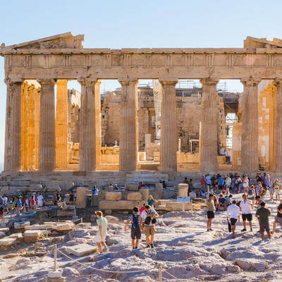 Crowds of tourists at the Parthenon in the Acropolis in Athens, Greece