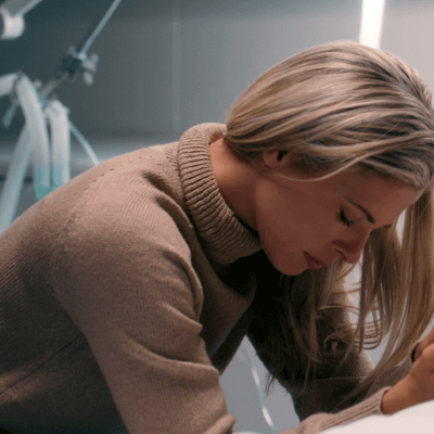 A woman holding a patients hand looking sad 