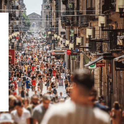 Graphic of a crowd of people walking down a French street