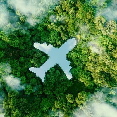 A lake in the shape of an airplane in the middle of untouched nature - a concept illustrating the ecology of air transport, travel and ecotourism. 3d rendering.