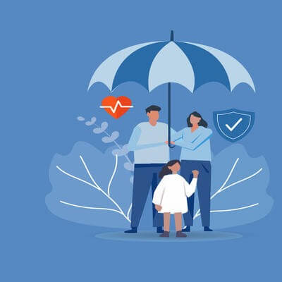 Family under umbrella. Concept of life insurance, protection of health and life of children for travel or vacation