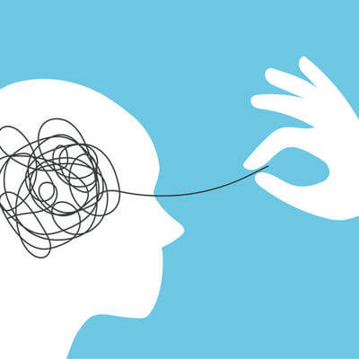 Abstract metaphor of psychotherapy. Head silhouette with mental disorder. Tangled thoughts, chaos and stress. Concept of solving difficult situation.
