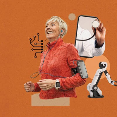 Collage graphic of a woman jogging using a smartwatch to track healthcare
