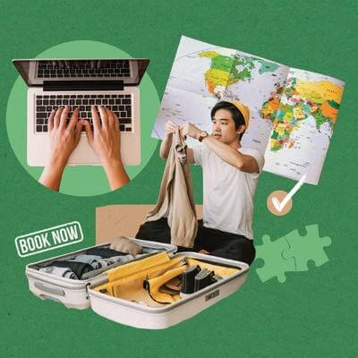 Collage of man packing suitcase and using laptop for booking holiday online