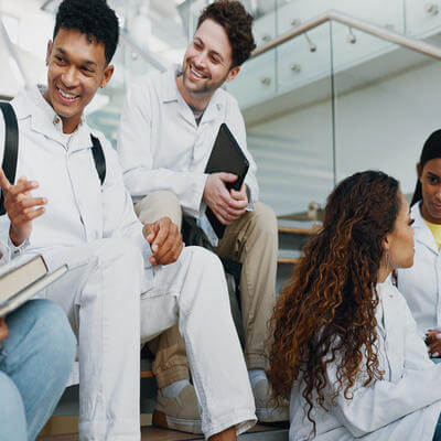 Happy people, students or medical interns with group for healthcare scholarship at med school