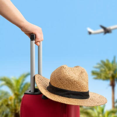 Woman with red suitcase standing on passengers ladder of airplane opposite sea with palm trees