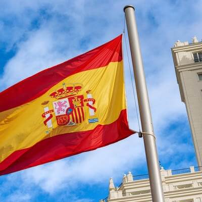 Spanish Flag Blowing in the Wind - Plaza de Espana Madrid Spain