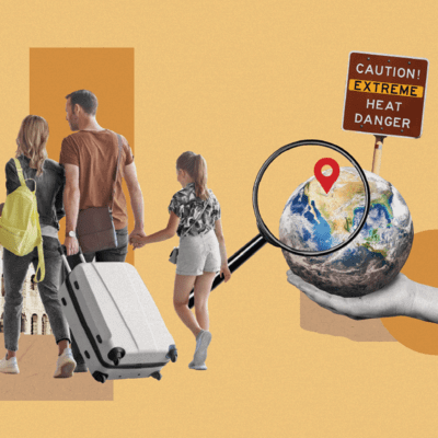 Collage of travel predictions, for example forest fires, family holidays, tourism etc