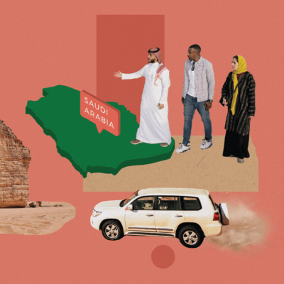 Collage of Saudi Arabia elements, such as camels, cars, landscape and people/expats