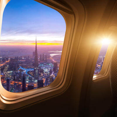 Dubai skyline from an airplane window