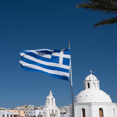 Cityscape of traditional village Karterados on Santorini island, Greece