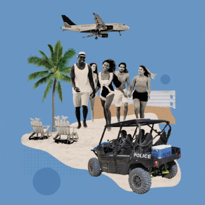 Collage about Americas spring break, teenagers on the beach and police car