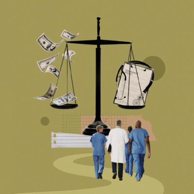 Collage with balance scales, money on one side and medical form on the other