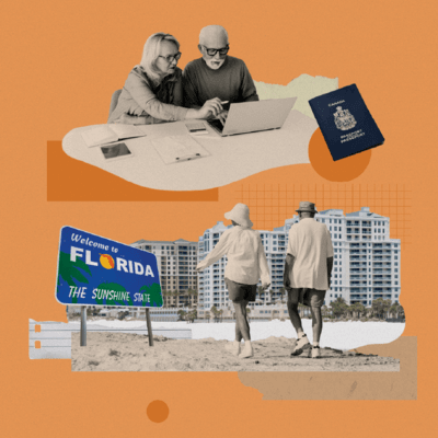 Collage about Canada's Snowbirds, mature couple walking on the beach and booking holiday