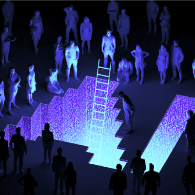 Illustration of people standing around text saying AI