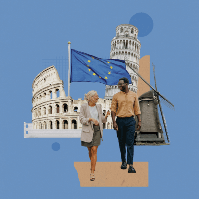 Collage of people exploring Europe