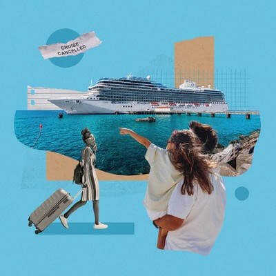 Graphic collage of a cruise liner and insurance policies