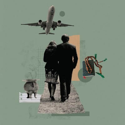Graphic collage of a funeral scene and repatriation