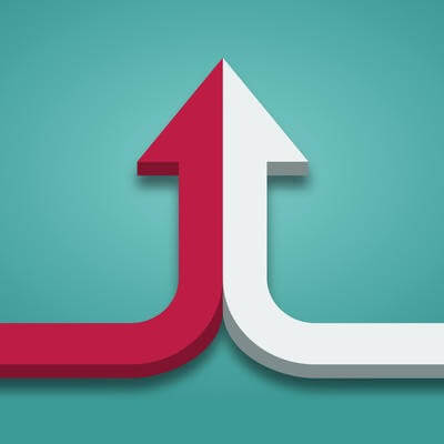 Bent arrow of two red and white ones merging on turquoise blue background
