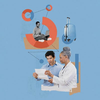 Graphic collage of doctors, data and people using a computer