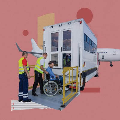 Graphic collage of assistance at an airport and wheelchair user