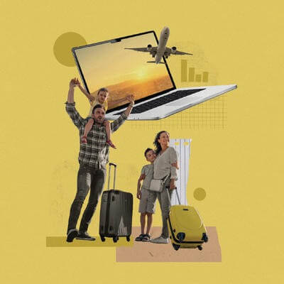 Graphic collage of a family with suitcases, a laptop and plane taking off