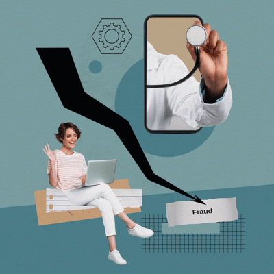 Collage of fraud in telemedicine, person waving on laptop
