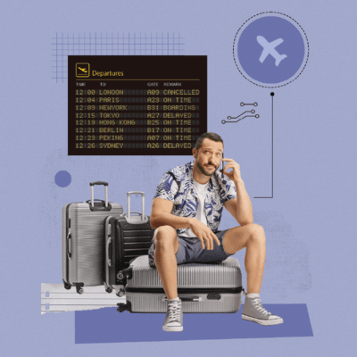 Collage of person at an airport with delayed flight