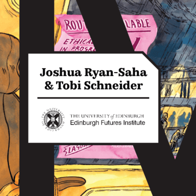 Illustration of someone on the train with it raining outside 