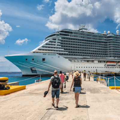People walking up to a large cruise ship