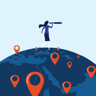 Illustration of woman ontop of the world holding binoculars