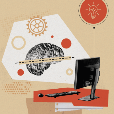 Tech collage with AI brain