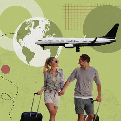 Collage of a couple travelling, with a plane behind them 