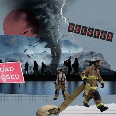 Collage of a storm, climate change and travel delays  