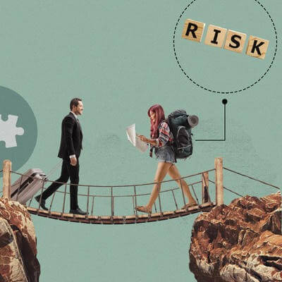 Collage of business and leisure traveller crossing a bridge 