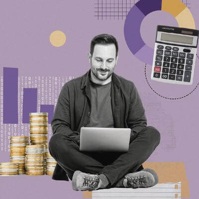 Collage man holding a laptop and dealing with data and costs