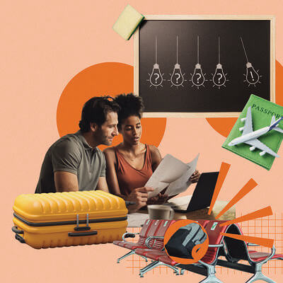 Collage about educating and travel with suitcases and a couple looking at paperwork