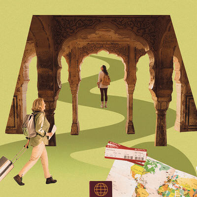 Collage of people travelling/exploring