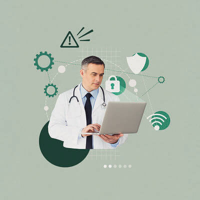 Collage with a doctor and a laptop and cybersecurity icons 